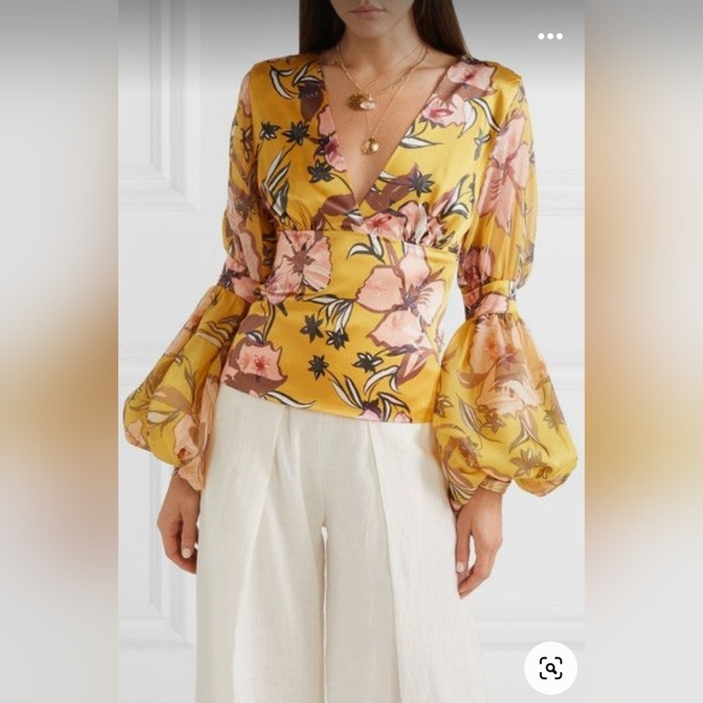 Silvia Tcherassi Yellow Corinilla Floral-Print Silk Organza Blouse Sz S